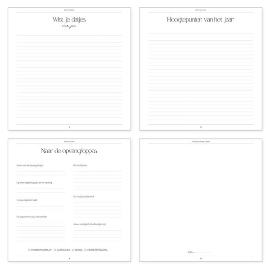 Open boek met de titels 'Wist je datjes voor 1 jaar', 'Hoogtepunten van het jaar', 'Naar de opvang/oppas' en lege lijnen.