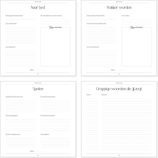 Vier pagina's van een opgroeiboek met de titels 'Naar bed', 'Bijzonderheden', 'Wakker worden' en 'Grappige woorden die jij zegt'.