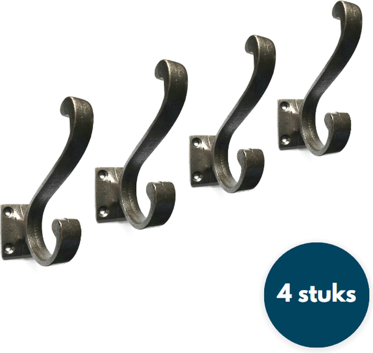 Kapstok haken gietijzer - Dubbele haak - Wandhaken - Jashaak - Blanke coating - 4 stuks