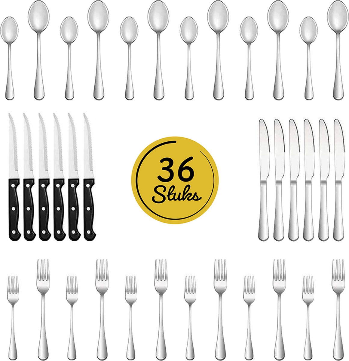 LW Collection bestekset 6 persoons 36 stuks zilverkleurig - bestek set zilver vaatwasserbestendig - Lepels Messen Vorken & Steakmessen
