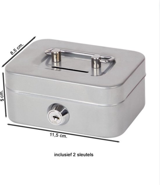 Geldkist (Money box) met sleutel, L11 x B8 x H5 cm - Grijs
