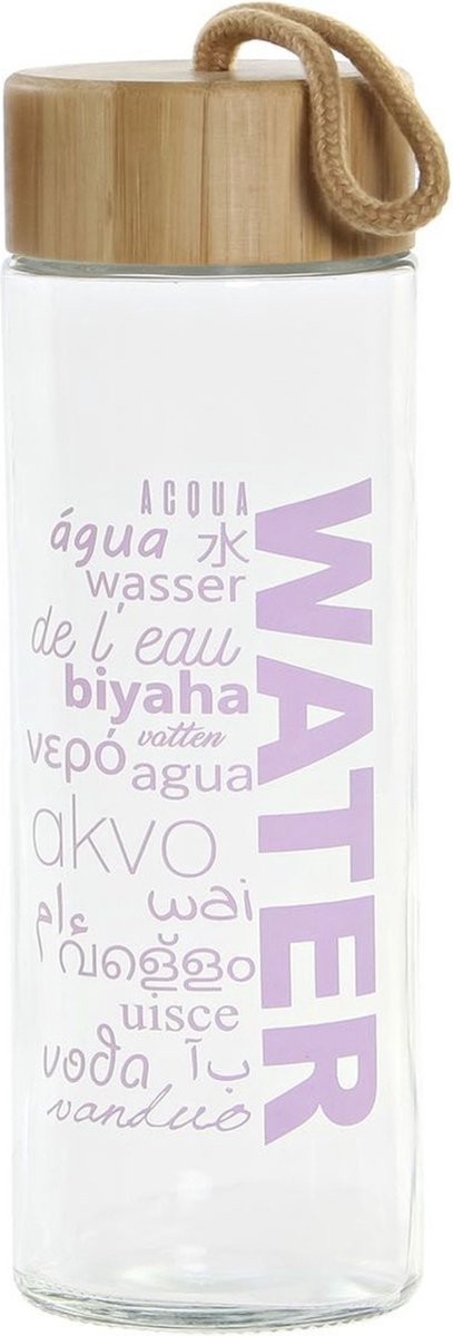 Glazen waterfles/drinkfles roze transparant met touwtje 580 ml - Sportfles - Bidon