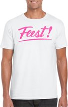 Bellatio Decorations Verkleed T-shirt voor heren - feest - wit - roze glitter - carnaval XXL