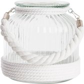 Kaarshouder/windlicht wit glas 18 cm met touw - Theelichthouders/waxinelichthouders - Stompkaars houder