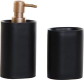 Badkamerset zeeppompje en beker/tandeborstelhouder mat zwart/rose goud kunststof 18 cm - badkamer accessoires