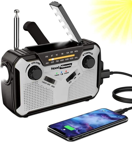 NoodNieuws- Draagbare Noodradio - FM/AM - Dynamo - Zonnepaneel - Powerbank - 3000mAh - Zaklamp - SOS - Weerradio