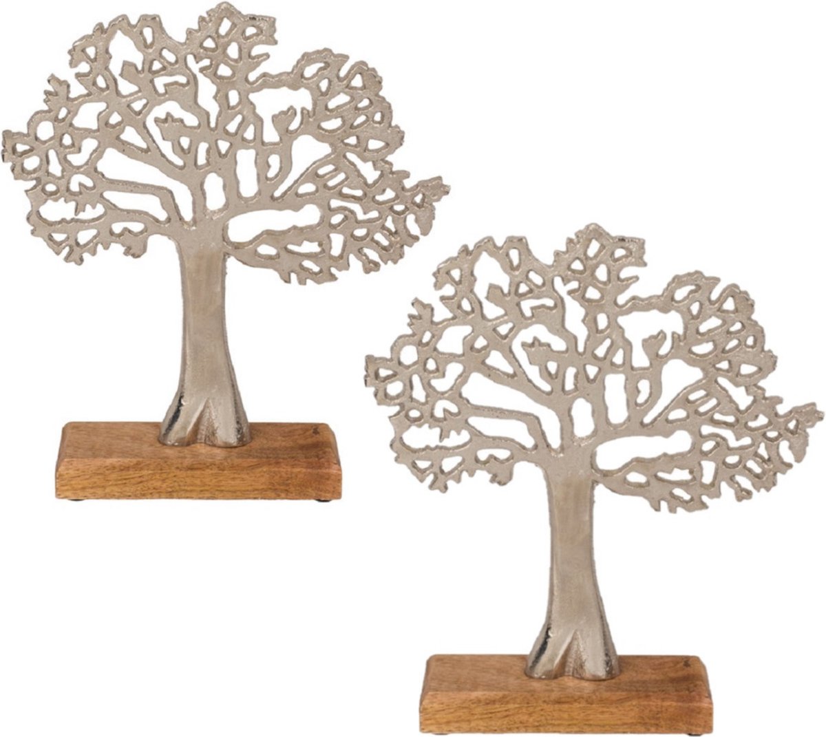 2x Stuks decoratie levensboom van aluminium op houten voet 33 cm zilver - Tree of life