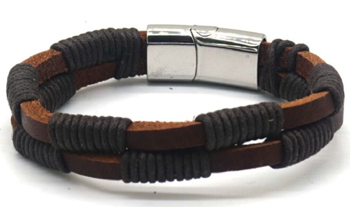 Armband Heren - Leer - RVS Sluiting - 21 cm - Zwart en Zilverkleurig