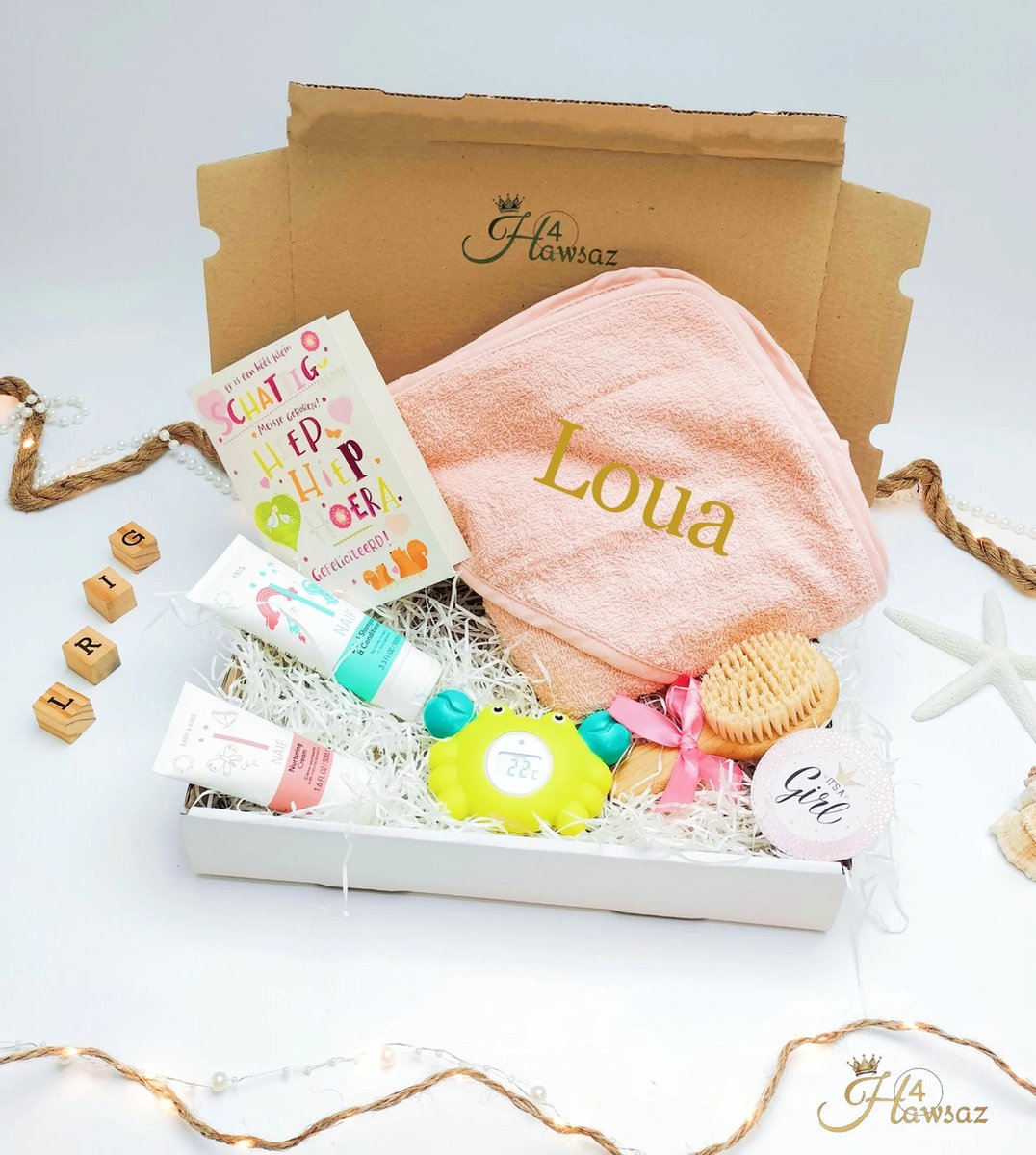 Goedkoopste Gepersonaliseerde Kraamcadeau set voor meisjes 5 stuks - Hawsaz.nl cadeau - Badcape - Naif - Babyverzorging - Geboortecadeau - Babygeschenkset - Babyshower - Baby Digitale Badthermometer