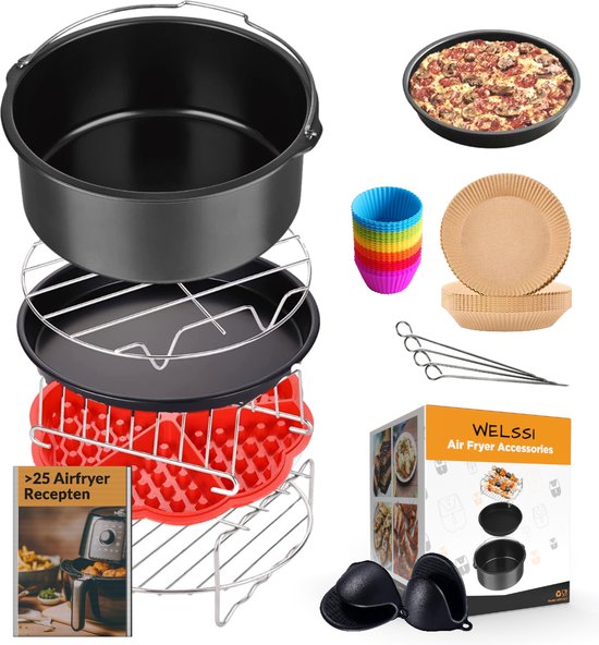 Foto: Welssi heteluchtfriteuse accesoires set geschikt voor airfryer xl en xxl o a philips incl bakpapier kookboek cakevorm siliconen bakje 20cm