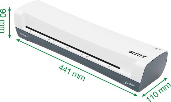 Witte Leitz lamineermachine A3 met afmetingen 441 mm x 110 mm x 90 mm.