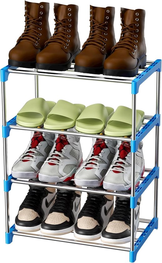 Metalen schoenenrek, schoenenrek met 4 niveaus, licht schoenenrek, stapelbaar voor 8 paar schoenen, schoenenstandaard voor hal, woonkamer, slaapkamer, entree (blauw)