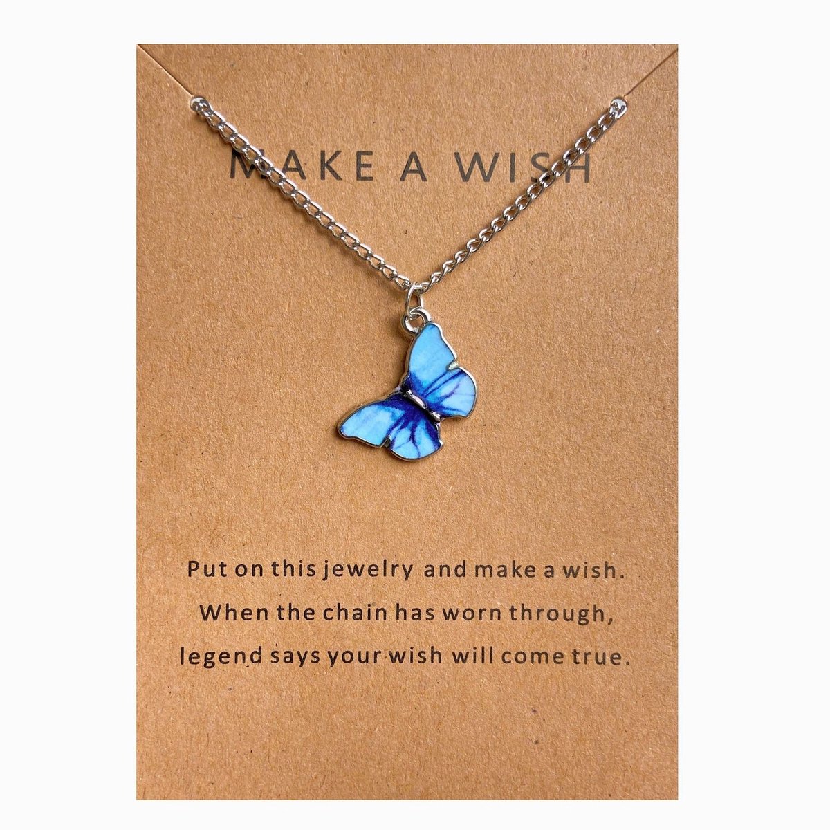 Vlinder wensketting - Zilverkleurige ketting met blauw vlindertje - Verstelbaar 43 tot 50 Centimeter - Nikkelvrij - Betekenisvol cadeau - Damesdingetjes