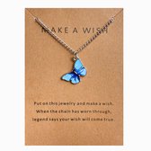 Doe een wens - Vlinder ketting - Zilverkleurig, blauw - Inclusief sieraden kaart met tekst - Damesdingetjes