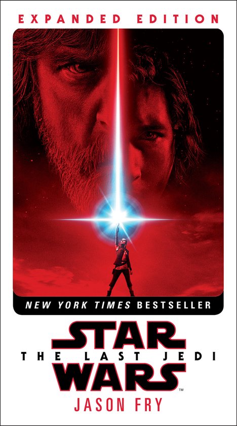 Boek 'Star Wars The Last Jedi Expanded Edition'. Rey staat onder een lichtzwaard met de gezichten van Luke Skywalker en Kylo Ren erboven. New York Times Bestseller.