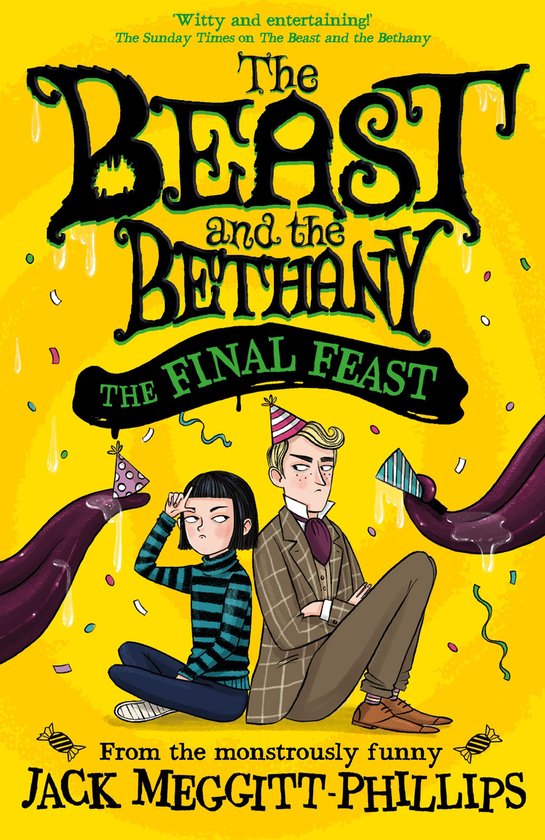 De omslag van 'The Beast and the Bethany: The Final Feast' toont twee kinderen op een gele achtergrond, met slingers en confetti. Een meisje met een gestreepte trui zit links, een jongen met een pak zit rechts. Grote paarse tentakels omringen hen.