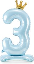 Partydeco - Staande folieballon Cijfer 3 Sky-Blue met kroon 84 cm