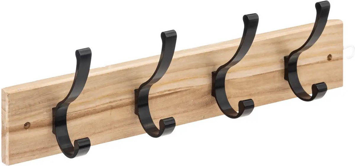 5Five® 5Five Kapstok rek voor wand/muur - lichtbruin/zwart - 4x ophanghaken - MDF/metaal - 42 x 8 cm