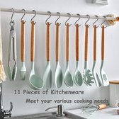 Keukenhulpjes, set van 12 stuks keukengerei, siliconen, anti-aanbaklaag, hittebestendige keukenhulpset met houten handvat, opbergdoos, 12 S-haken (groen)