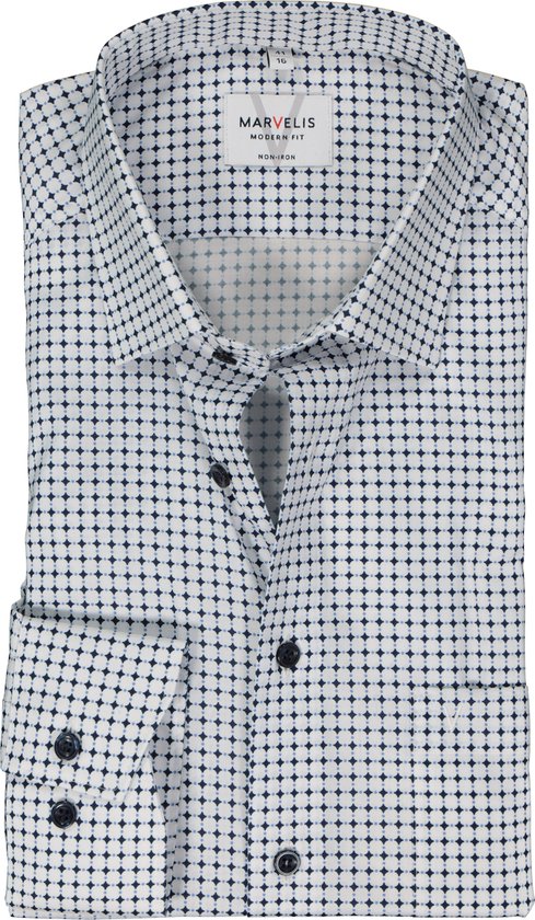 MARVELIS modern fit overhemd - mouwlengte 7 - popeline - lichtblauw dessin - Strijkvrij - Boordmaat: 42