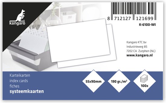 Foto: Kangaro systeemkaarten 55x90mm blanco 190 grams pak a 100 vel k 6100 wi