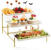 3-traps dienblad voor feestaccessoires, 30 x 17 cm serveerschaal voor het serveren van gerechten, witte herbruikbare dienbladen met gouden fruitschaal voor groenten, fruit, koekjes, desserts