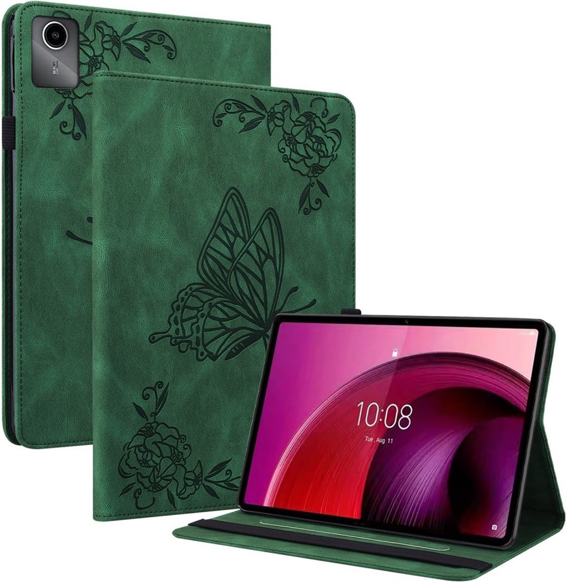 Tablethoes geschikt voor Lenovo Tab M11 Hoesje - Vlinder & Bloemen Book Case - Groen