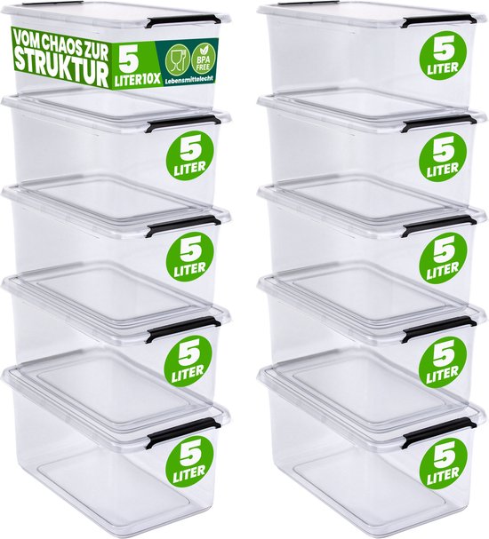 Set van 10 doorzichtige stapelbare opbergboxen, elk 5 liter, met groene "5 LITER" stickers en zwarte handgrepen.
