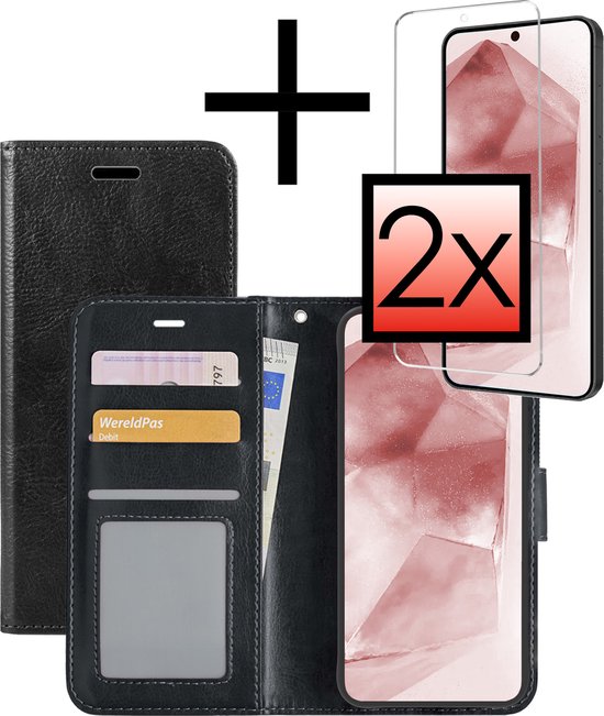 Hoes Geschikt voor Samsung A55 Hoesje Book Case Hoes Flip Cover Wallet Bookcase Met 2x Screenprotector - Zwart