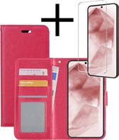 Hoes Geschikt voor Samsung A55 Hoesje Book Case Hoes Flip Cover Wallet Bookcase Met Screenprotector - Donkerroze