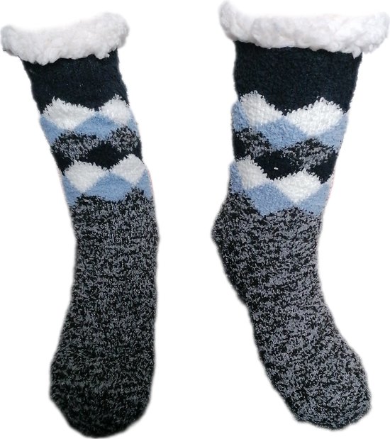 Huissokken - Warme wintersokken - Thermo - Gevoerd - Uniseks - Kleur Zwart/Wit/Blauw - Ruit patroon - Maat 39-46 - Antislip - Cadeau - Vaderdag - Moederdag - Kerst