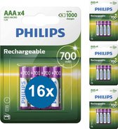 PHILIPS Oplaadbare AAA-Batterijen HR03 - 16 Stuks (4 Blisters a 4 Stuks) - NiMH 1.2V - 1000 Keer Herladen - 700mAh