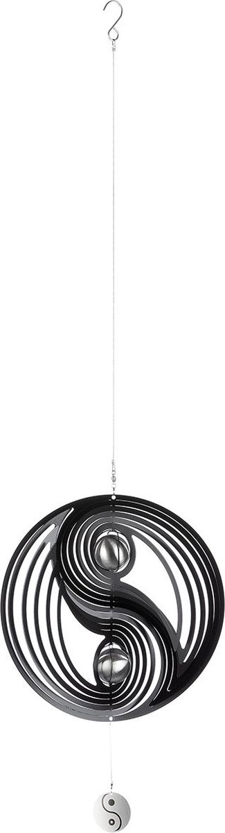 Windspinner Yin Yang RVS zwart zilver -38 cm rond hoogte met koord 108cm kogel