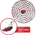 Rode Einhell grasmaaier met duwboom en grote wielen, deel van de Power X-Change familie.