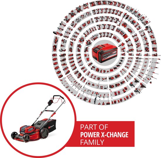 Rode Einhell grasmaaier met duwboom en grote wielen, deel van de Power X-Change familie.
