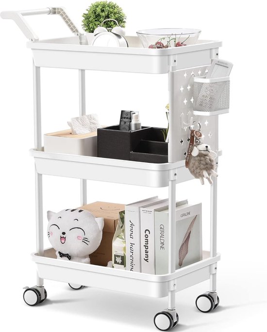 Foto: Opbergwagen met 3 etages rolwagen keuken keukenwagen plastic organizer trolley met handgrepen multifunctionele wagen met vergrendelingswielen witopbergen keukentrolley slaapkamertrolley babykamertrolley badkamertrolley