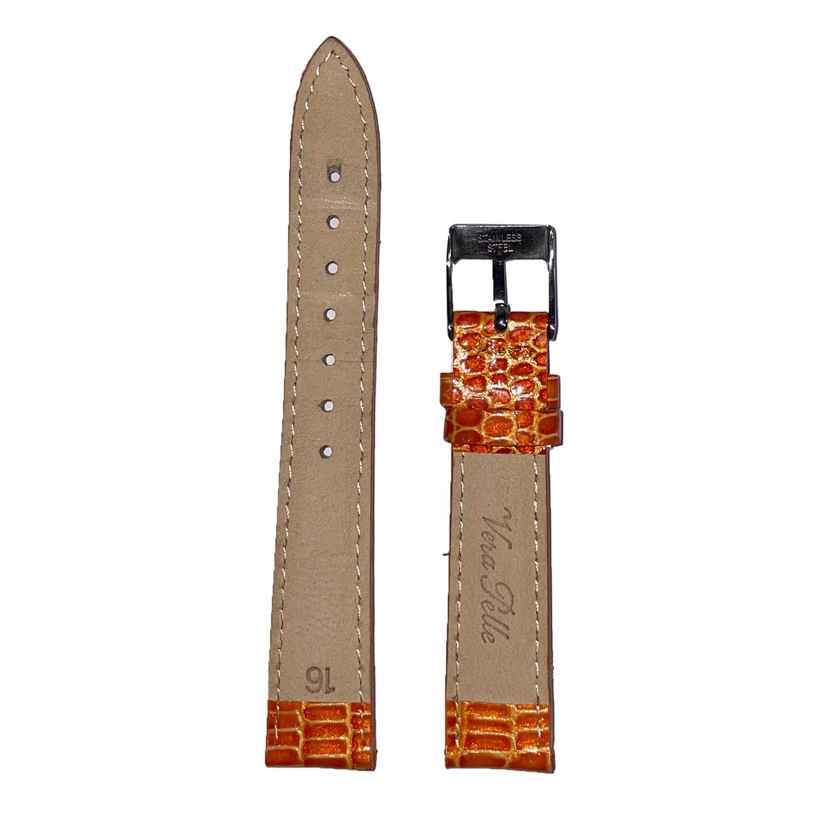 Bracelet En Cuir De Vachette Véritable 16 Mm - Orange Avec Couture Blanche, Fabriqué En France, Neuf