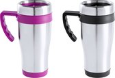 Warmhoudbekers/thermos isoleer koffiebekers/mokken - 2x stuks - RVS - zwart en roze - 450 ml