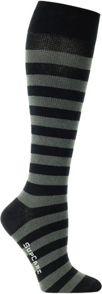 Supcare compressiekousen maat L (43-45) - zwart grijs gestreept – trendy compressie sokken – steunkousen – ademend – gezwollen, vermoeide en pijnlijke benen & voeten – spataderen - dagelijks gebruik – vliegreizen – zwangerschap – dames en heren