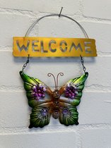 Metalen decoratie tuin hanger "welcome + deco stenen" vlinder - groen + meerkleurig - hoogte 30 x 20 x 1 cm - Woonaccessoires - Decoratieve hangers - Tuinaccessoires