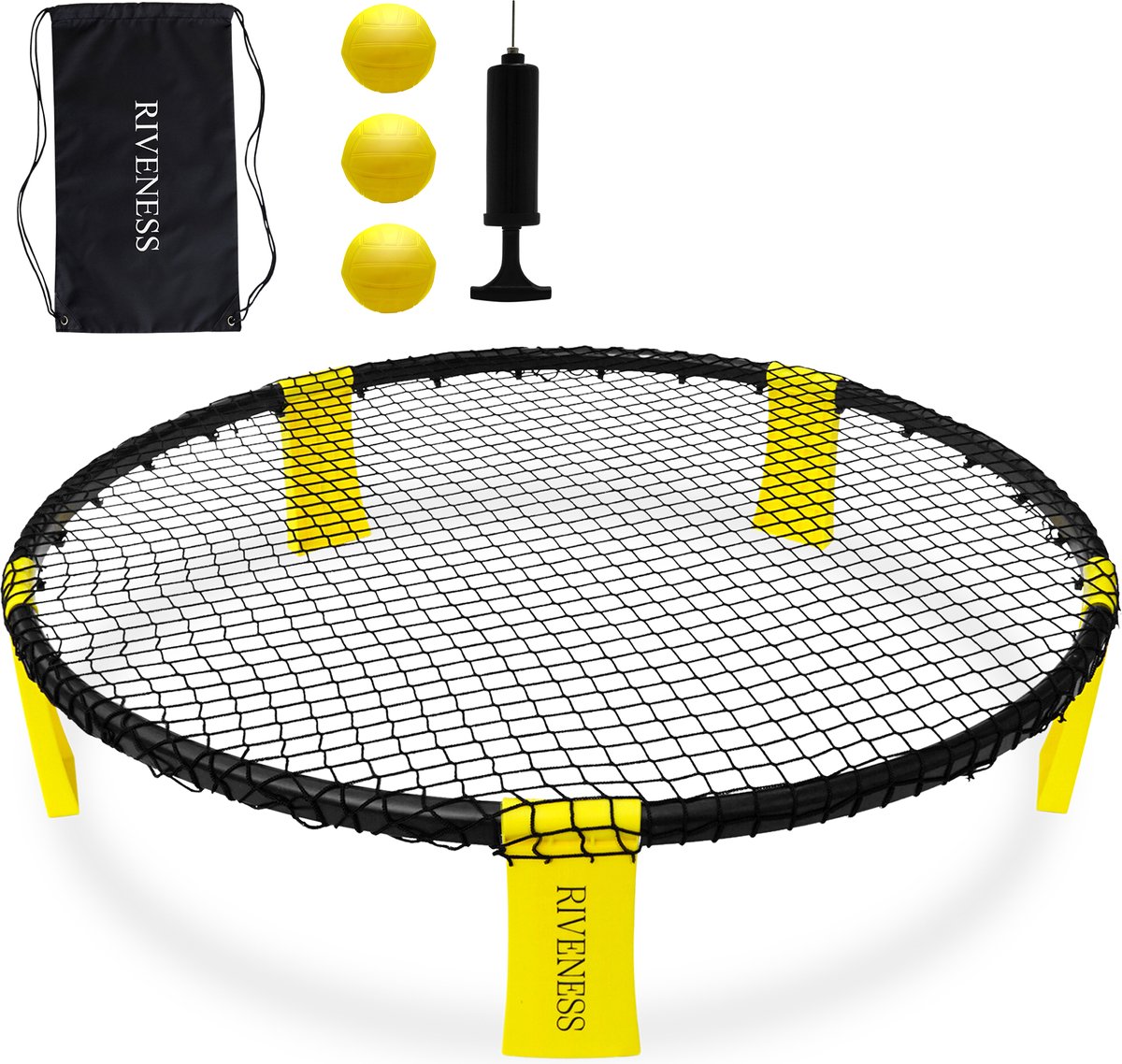 RIVENESS Roundnet - Geschikt voor Spikeball - Smashbal - Smash Bal - Strandspel - Tuinspel - Gratis draagtas - Stevig & betrouwbaar materiaal - Incl. Ballen en Ballenpomp