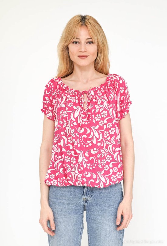 Dames blouse Tina gebloemd motief roze wit korte mouwen top maat M/L