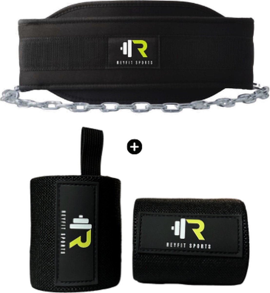 ReyFit Sports - Gordel dip + 2x Polsondersteuning Bundel - Dip Belt + Wrist Wraps - Fitness Accessoires - Hoog Kwaliteit - Inclusief Draagtas - Zwart