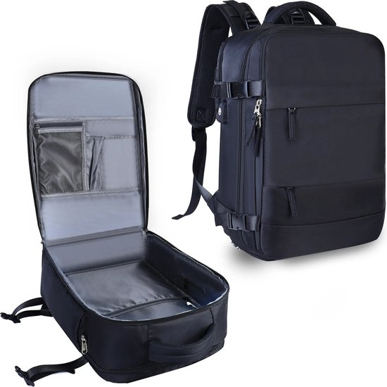 Mima® Reistas- Rugzak- Laptoptas- Zwart- Ideaal voor te reizen- USB-port- Zwart- Unisex- 35L