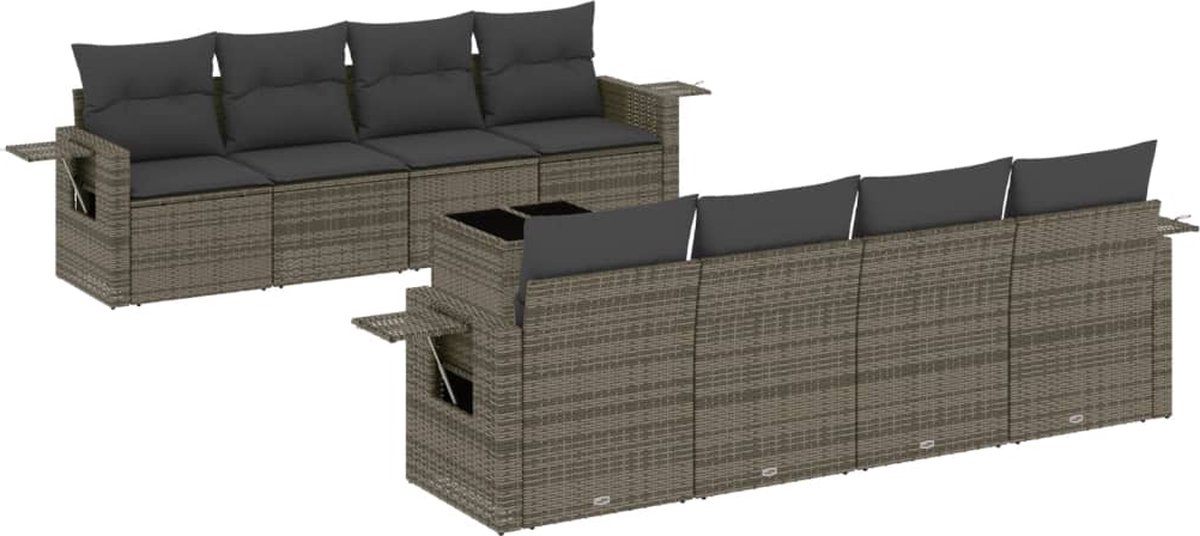 VidaXL 9-delige Loungeset met kussens poly rattan grijs