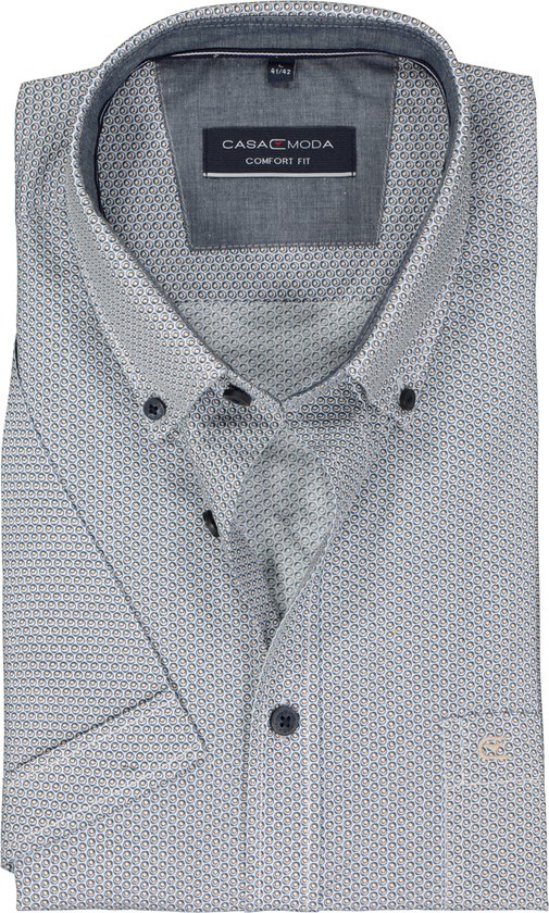 CASA MODA Sport comfort fit overhemd - korte mouw - popeline - wit met donkerbruin dessin - Strijkvriendelijk - Boordmaat: 49/50