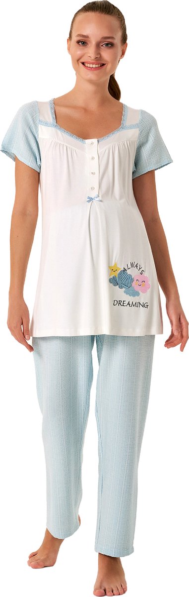 Feyza - Dames Zwangerschap Pyjama Set, Korte Mouwen, Blauw - M