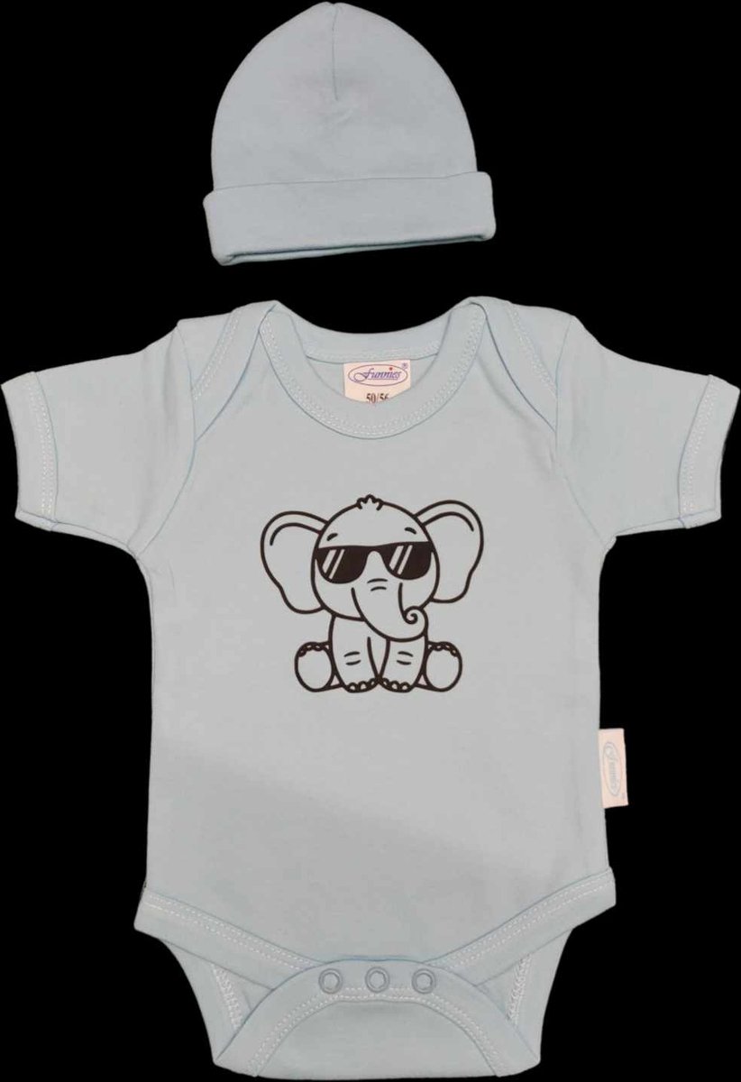 Goedkoopste Kraamcadeau - Setje - Romper en muts - olifant - maat 62/68 - blauw