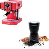Eco-de Espressomachine met koffiegrinder - Espresso apparaat met koffiemolen - Bonenmaler - Piston - Koffiezetapparaat - Melkopschuimer - Rood