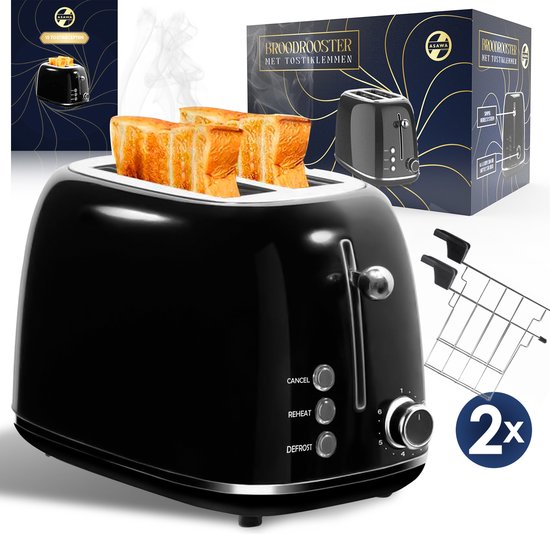 Asawa Broodrooster met Tostiklemmen – Zwart Retro Toaster – 2 brede sleuven – Volledig RVS – 850W